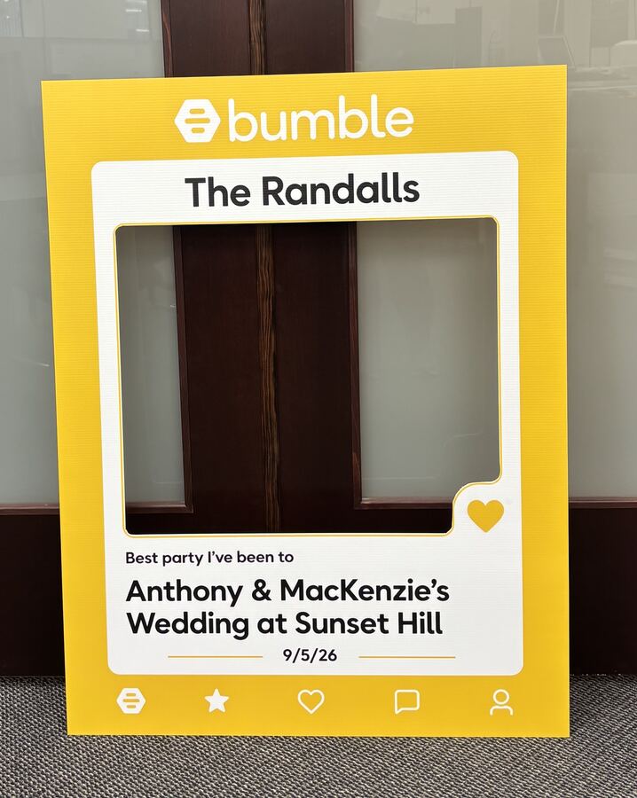 Custom photo booth selfie frame printed for a wedding reception &mdash; Savers Printing